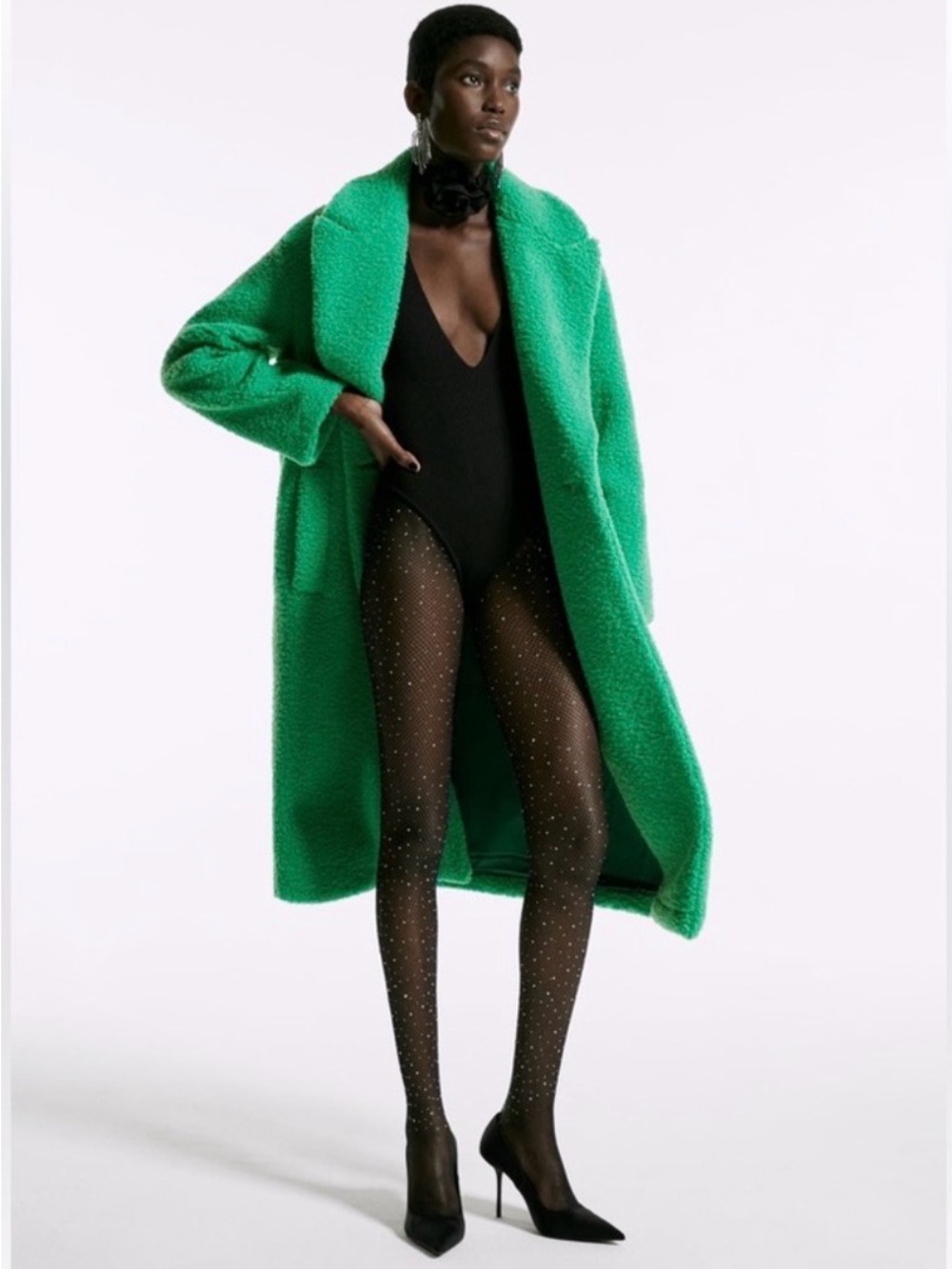 Zara Bright Green Teddy Bouclé Coat Limited Edition
